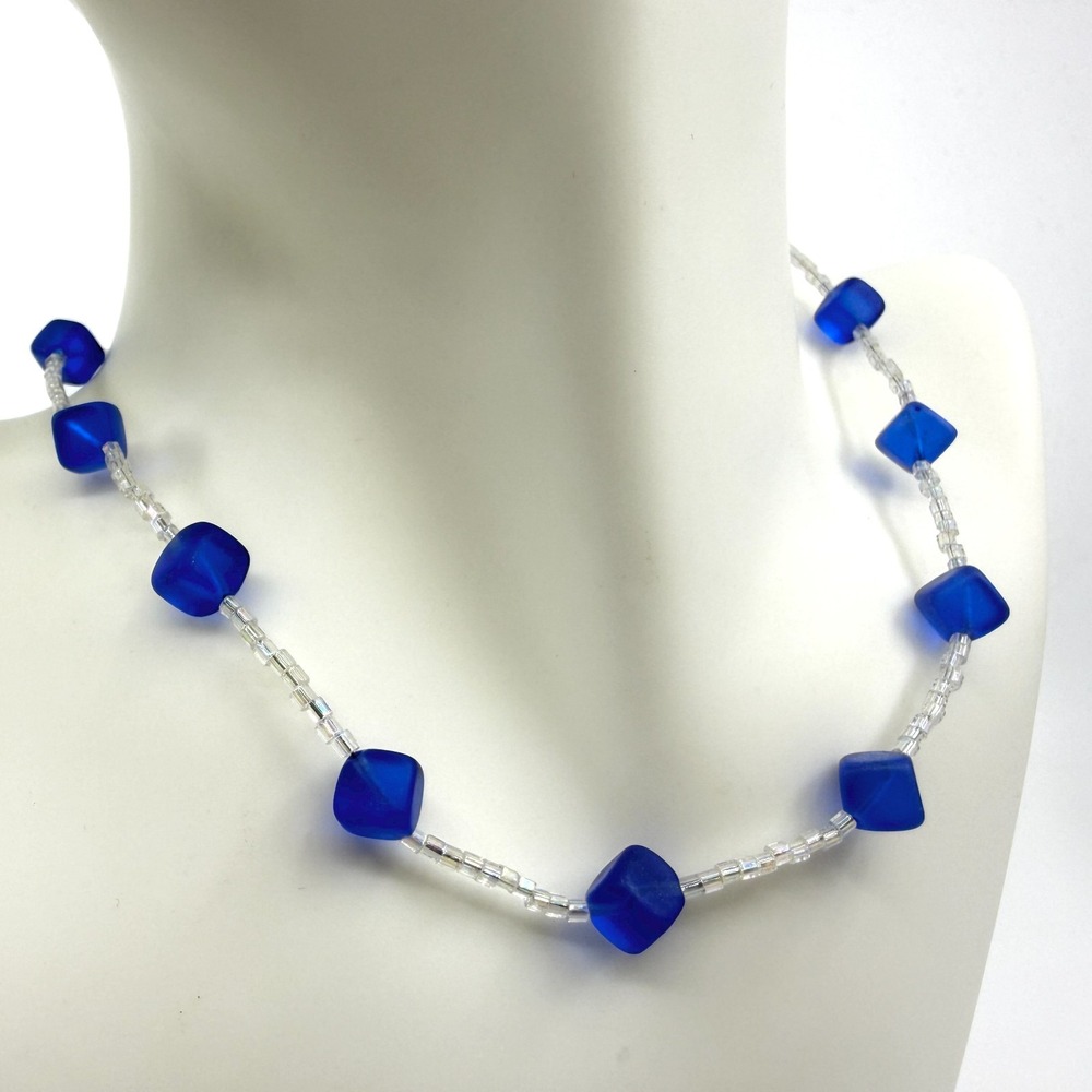 Y2K Cobalt Blue Cube Bead Necklace with Iridescent Accents Vibrant Boho Jewelry